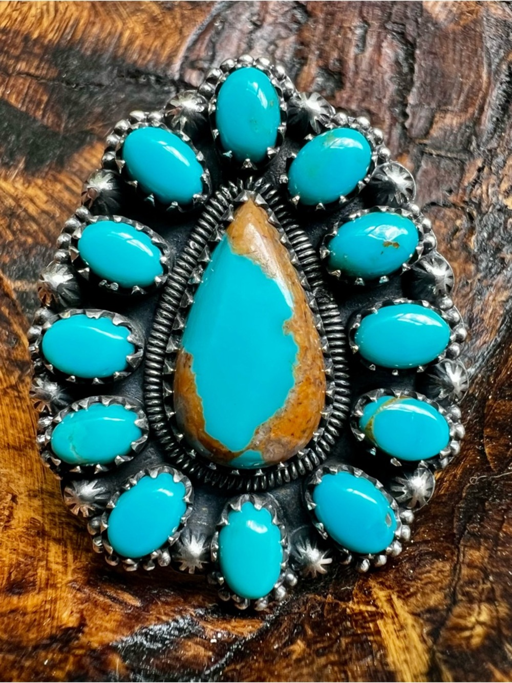 Kingman Turquoise Cluster Statement Ring Size 8.5 925 Sterling Silver Statement